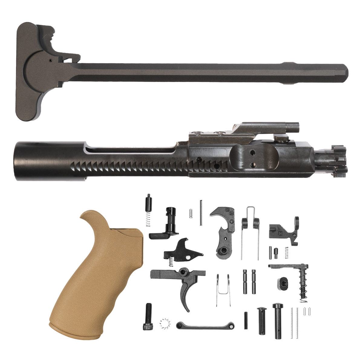 AR-15 Tan Rubberized Beavertail Grip Bundle with 30-Piece Mil-Spec Lower Parts Kit, Nitride BCG & M4 Charging Handle