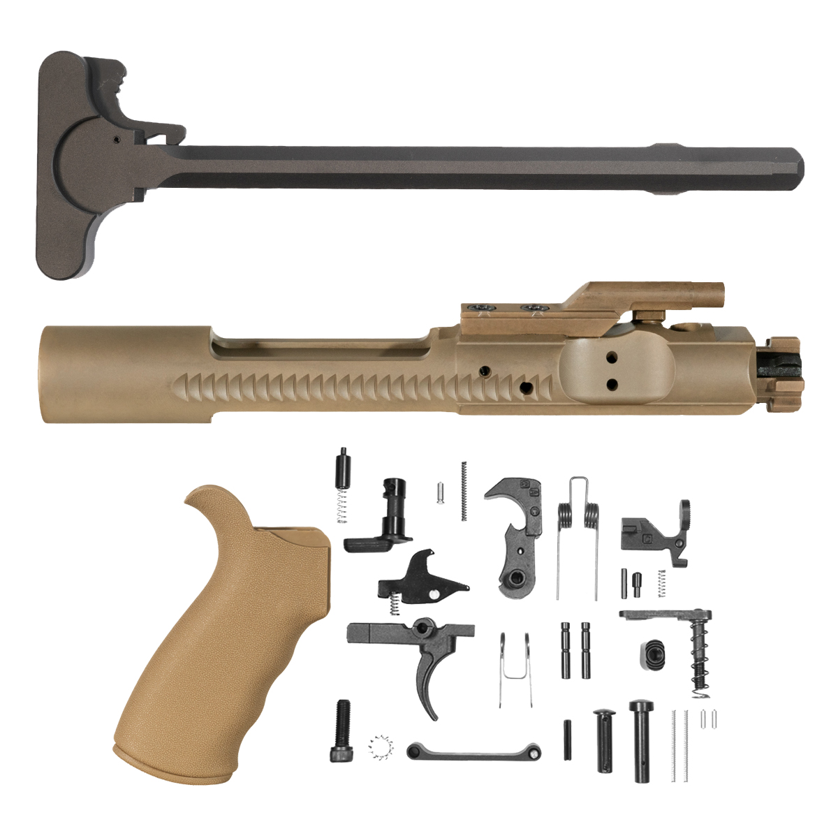 AR-15 Tan Rubberized Beavertail Grip, 30-Piece Mil-Spec Lower Parts Kit, FDE PVD 5.56 NATO M16 BCG & M4 Charging Handle Bundle
