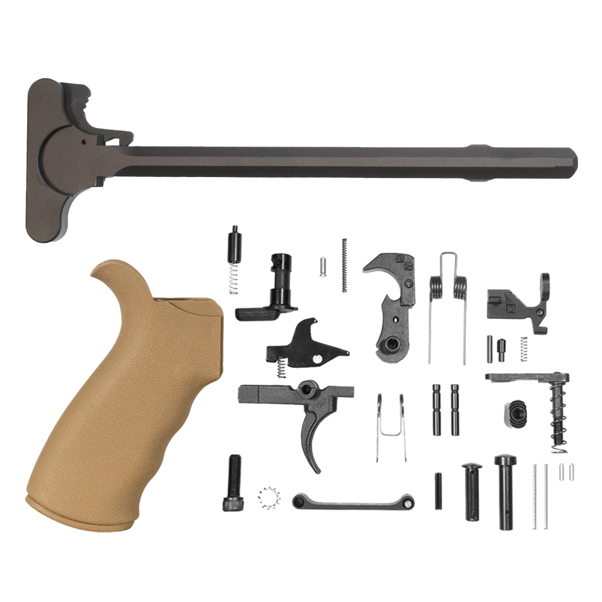 AR-15 30-Piece Mil-Spec Lower Parts Kit, Tan Rubberized Beavertail Pistol Grip & M4 Charging Handle Bundle