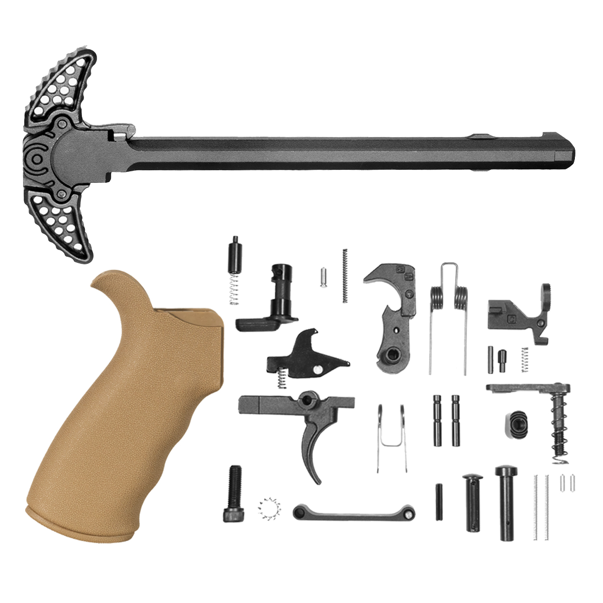 AR-15 30-Piece Mil-Spec Lower Parts Kit, Tan Rubberized Beavertail Grip & Davidson Defense Ambidextrous Charging Handle Bundle