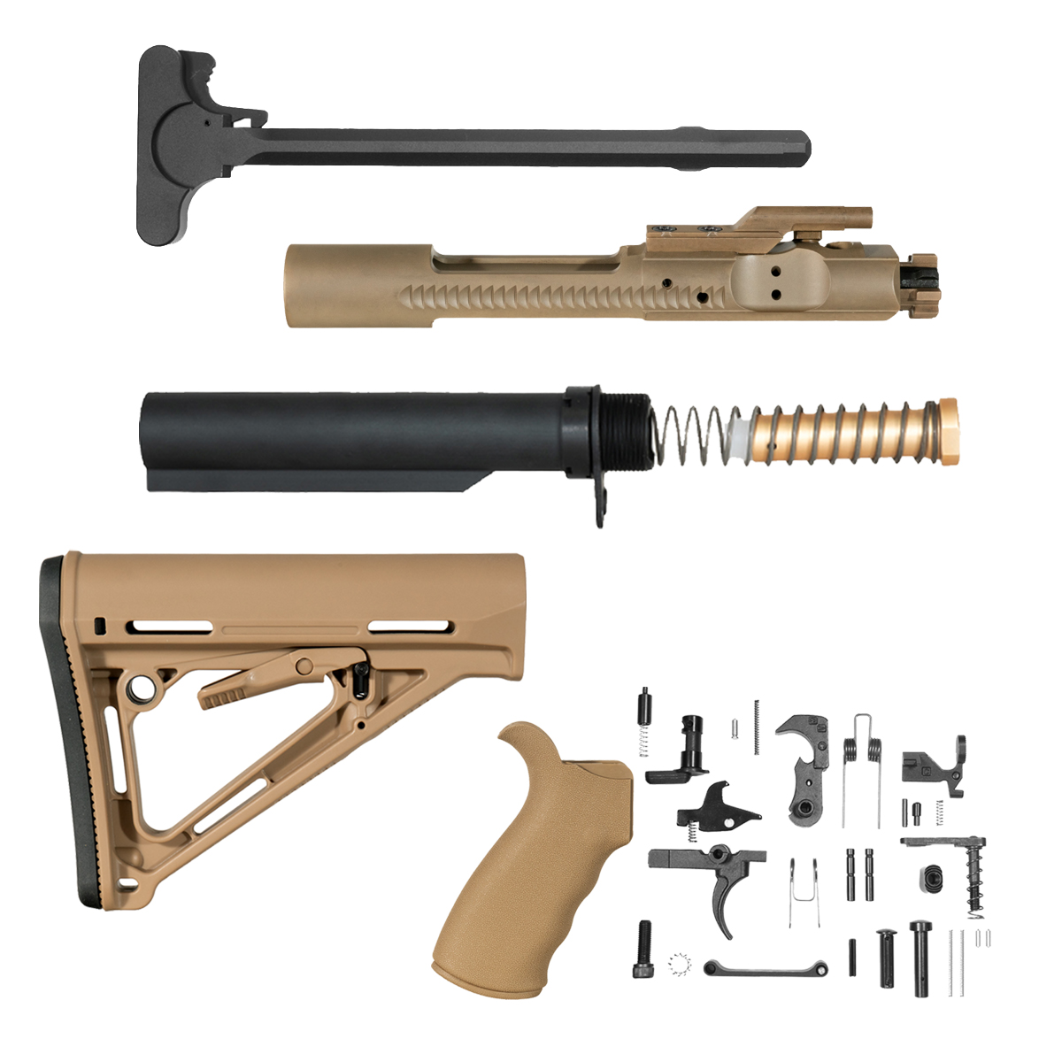 AR-15 Tan Furniture, 30-Piece Mil-Spec Lower Parts Kit, FDE PVD BCG, Charging Handle & Complete Carbine Buffer System Bundle