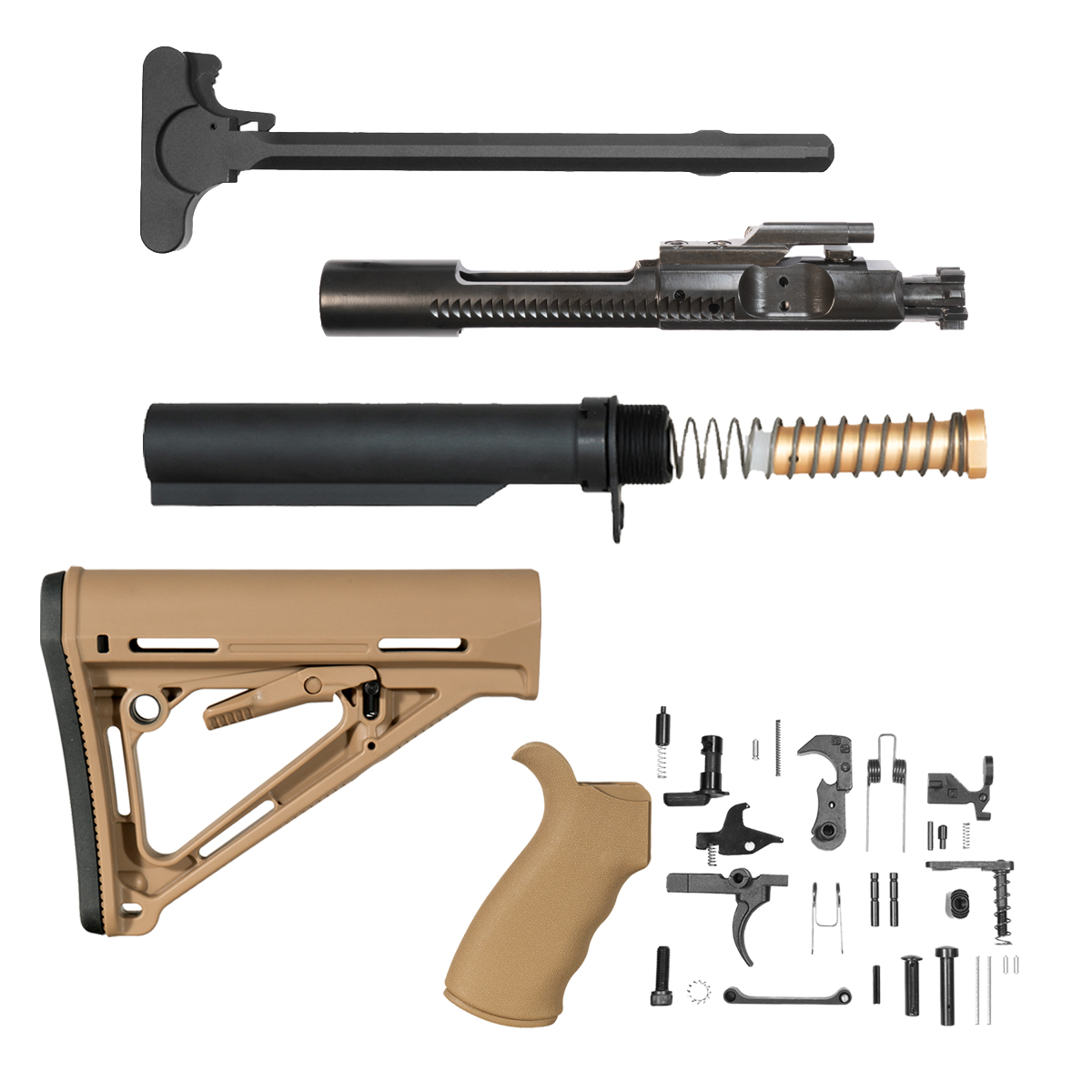 AR-15 Tan Furniture, 30-Piece Mil-Spec Lower Parts Kit, Nitride BCG, Charging Handle & Complete Carbine Buffer System Bundle