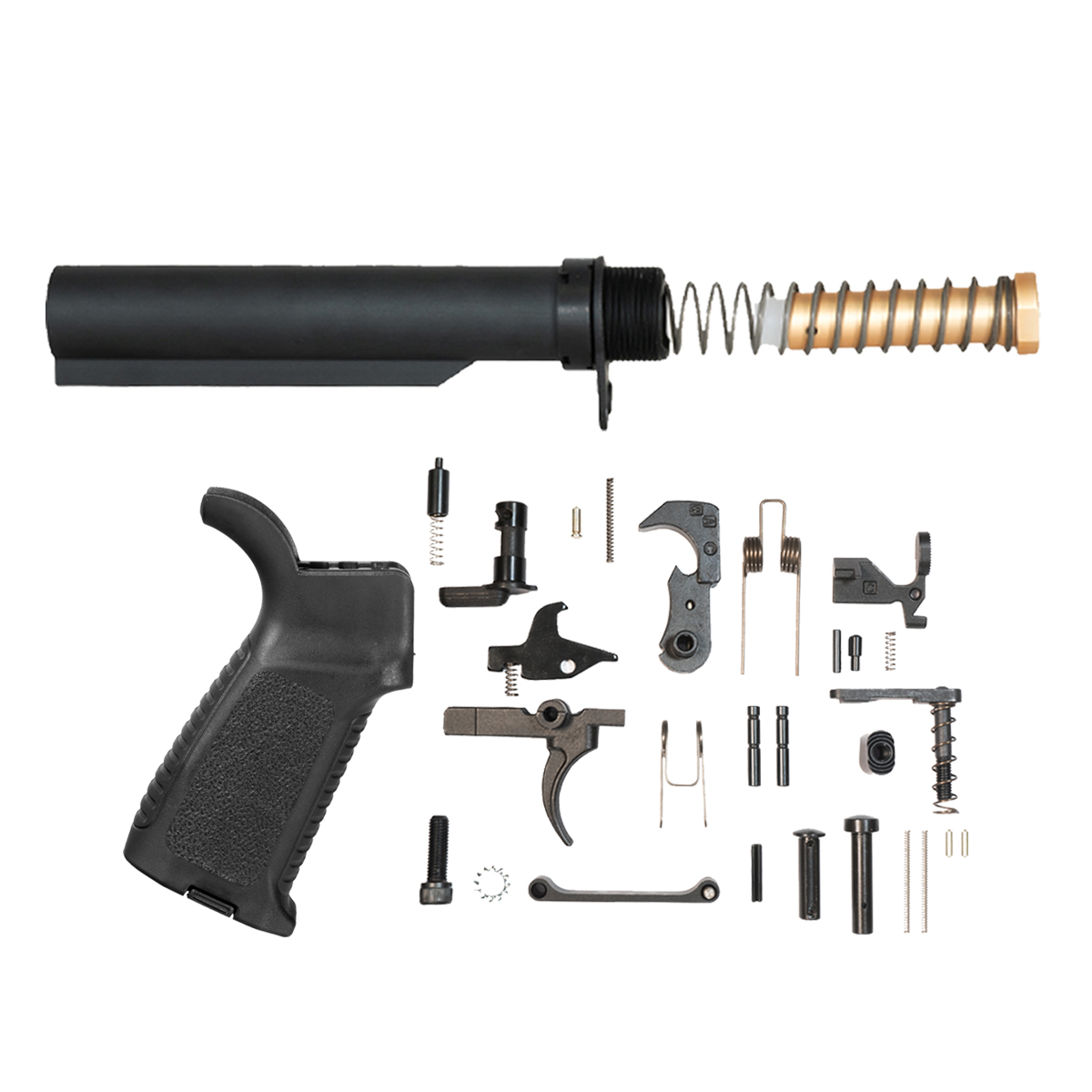 Guntec TAP Grip, 30-Piece Mil-Spec Lower Parts Kit & 6-Position Carbine Buffer System Bundle
