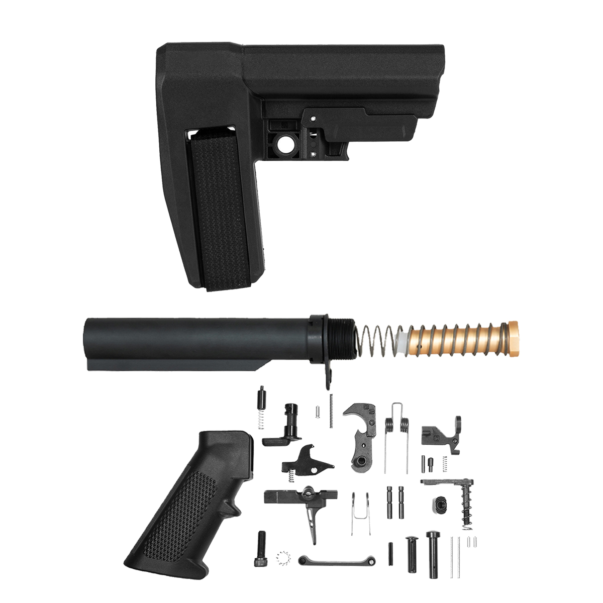 SB Tactical SBA6 5-Position Adjustable Pistol Stabilizing Brace Kit with Mil-Spec 6-Position Buffer Tube, 3 oz. Buffer, Carbine Spring, End Plate, Castle Nut & Davidson Defense Match Grade Gen 2 31-Piece LPK with 3.5 lb Skeletonized Straight Trigger