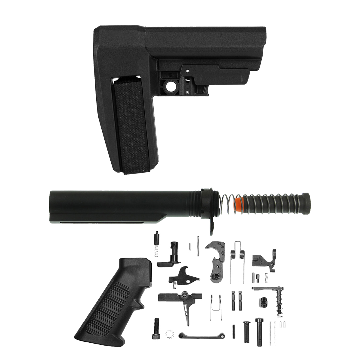 SB Tactical SBA6 5-Position Adjustable Pistol Stabilizing Brace Kit with Mil-Spec 6-Position Buffer Tube, Davidson Defense 9mm Carbine Buffer, Carbine Spring, End Plate, Castle Nut & Match Grade Gen 2 31-Piece LPK with 3.5 lb Skeletonized Straight Trigger