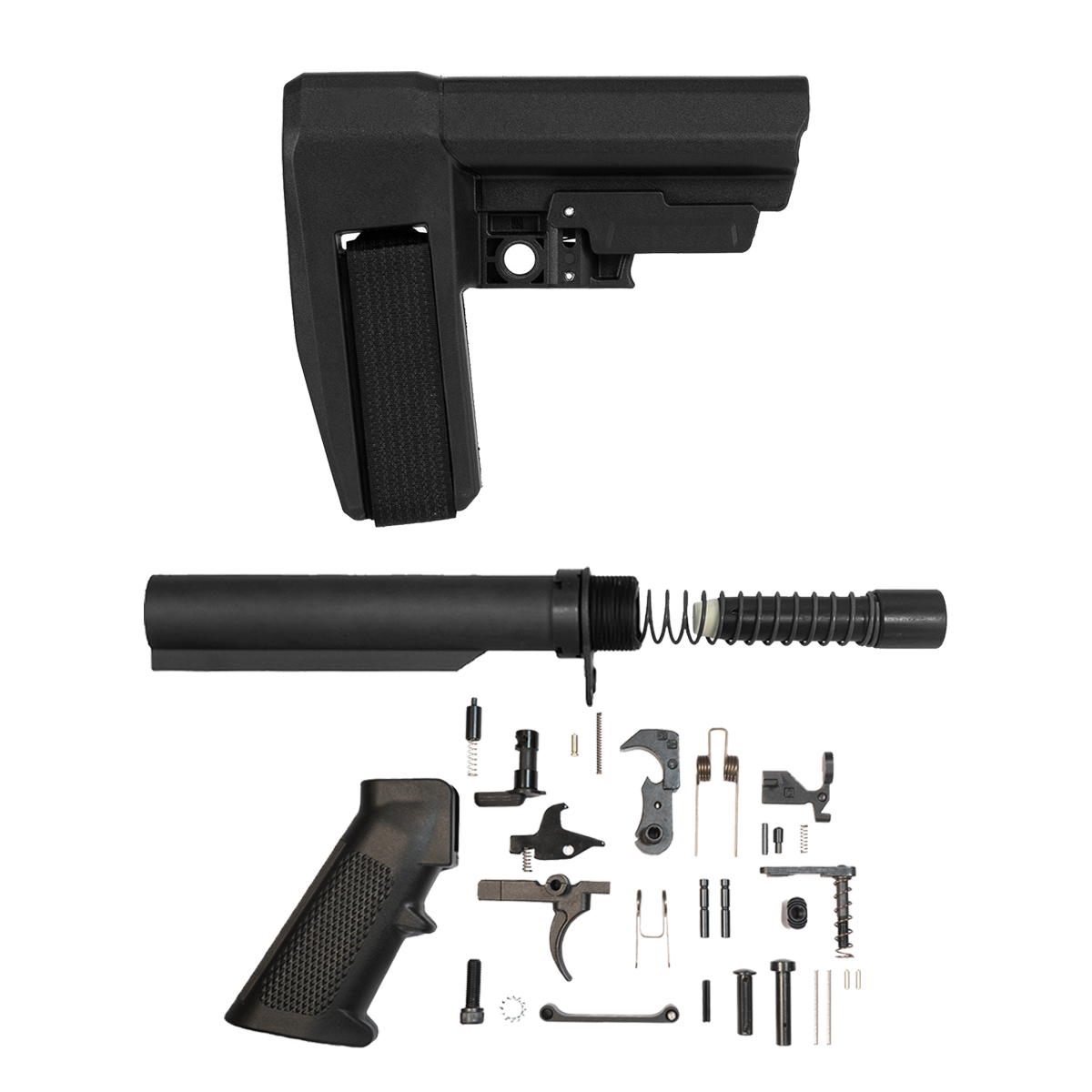 SB Tactical SBA6 Brace Bundle with 6-Position Buffer Tube, 8 oz. 9mm/.45 ACP/10mm Buffer, End Plate, Castle Nut, Carbine Spring, 31-Piece LPK & A2 Grip, Black