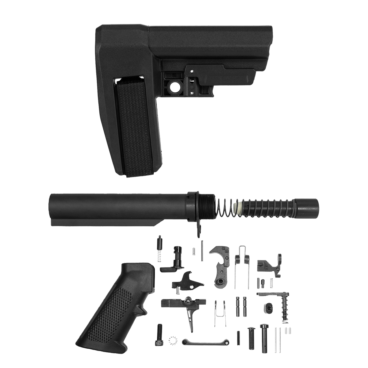 SB Tactical SBA6 Brace Bundle with 6-Position Buffer Tube, 8 oz. 9mm/.45 ACP/10mm Buffer, End Plate, Castle Nut, Carbine Spring, Match Grade 31-Piece LPK & A2 Grip, Black