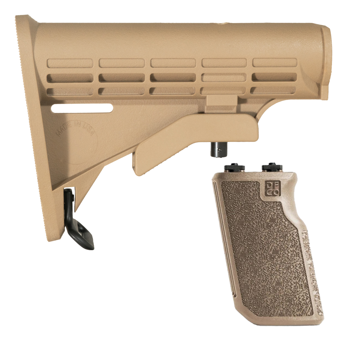 Die Free Co Tiger Claw XL 10° M-LOK Foregrip & Davidson Defense Mil-Spec 6-Position Adjustable AR-15 Carbine Stock Bundle, FDE