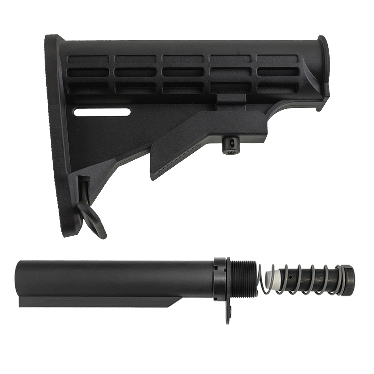 Black M4-Style Adjustable LR-308/AR-10 Carbine Stock Kit with 6-Position Buffer Tube, 3.76 oz. Buffer, Extra Power Spring, End Plate & Castle Nut