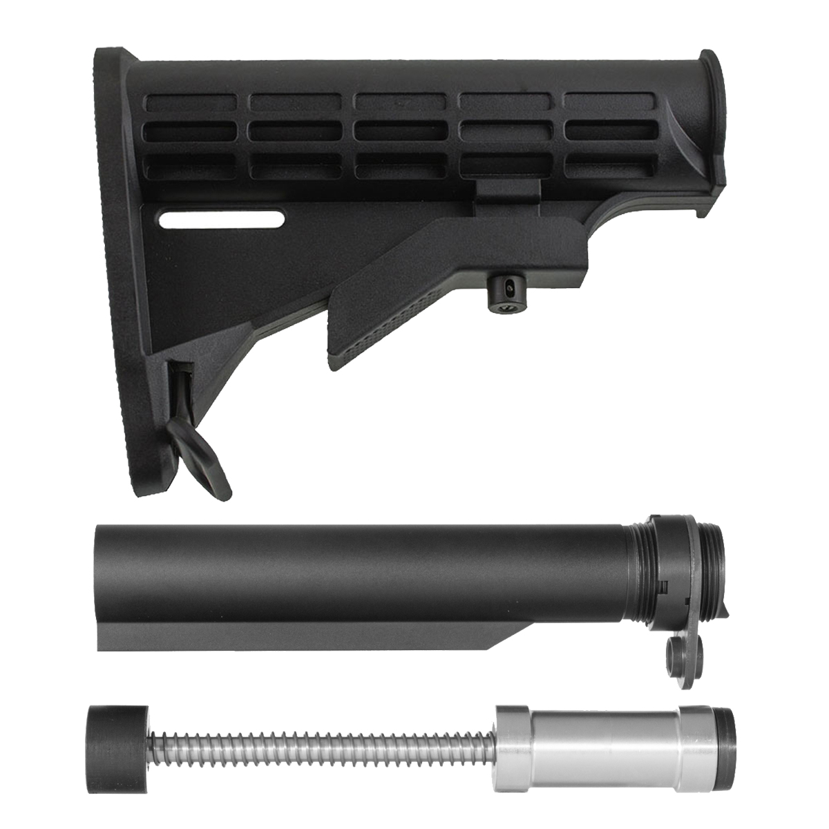 Black M4-Style Adjustable AR-15 Carbine Stock Kit with 6-Position Buffer Tube, Armaspec H3 5.6 oz. Sound Mitigation Buffer, Ambidextrous QD End Plate & Castle Nut