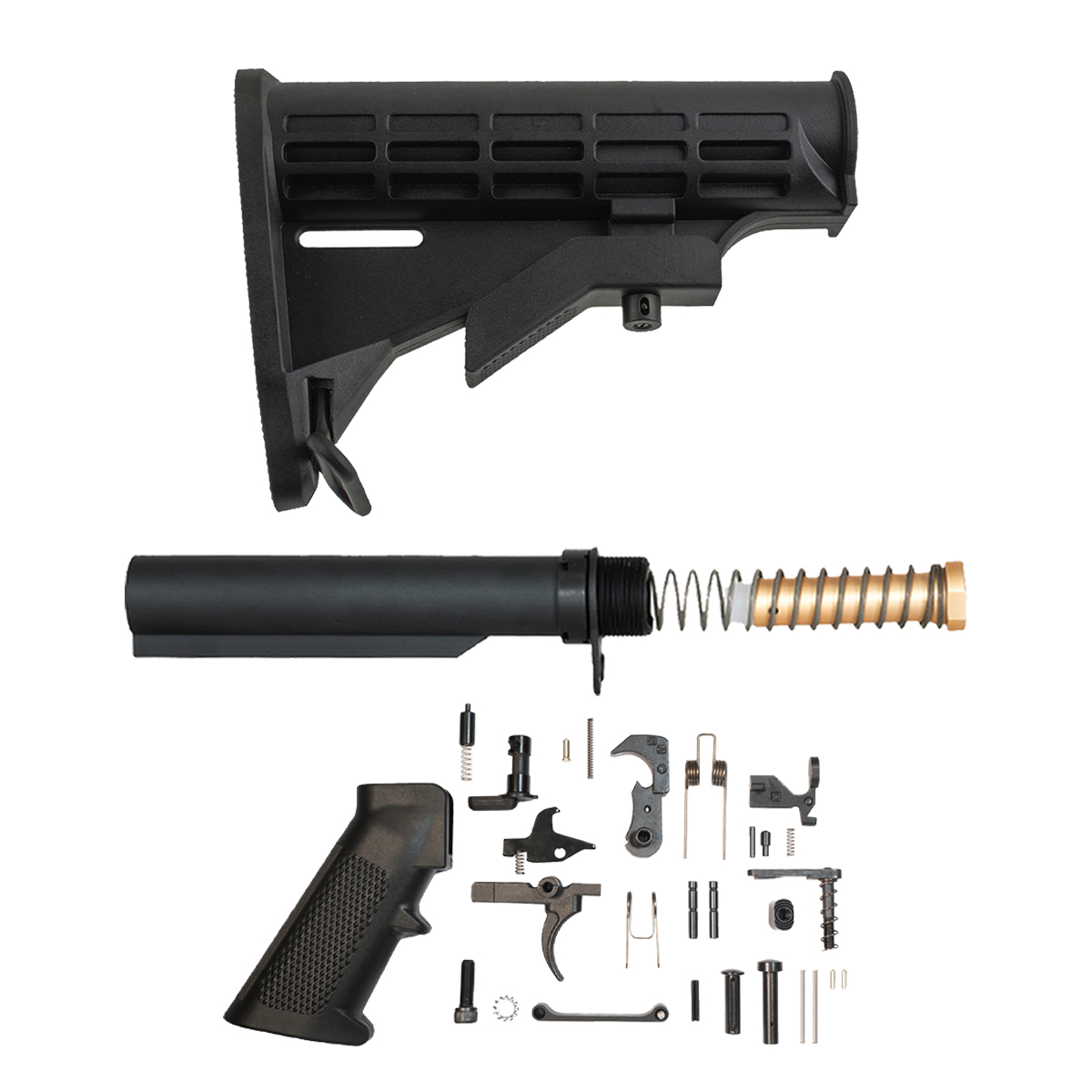 Black M4-Style Adjustable AR-15 Carbine Stock & Lower Parts Kit with 6-Position Buffer Tube, 3 oz. Buffer, Recoil Spring, End Plate & Castle Nut