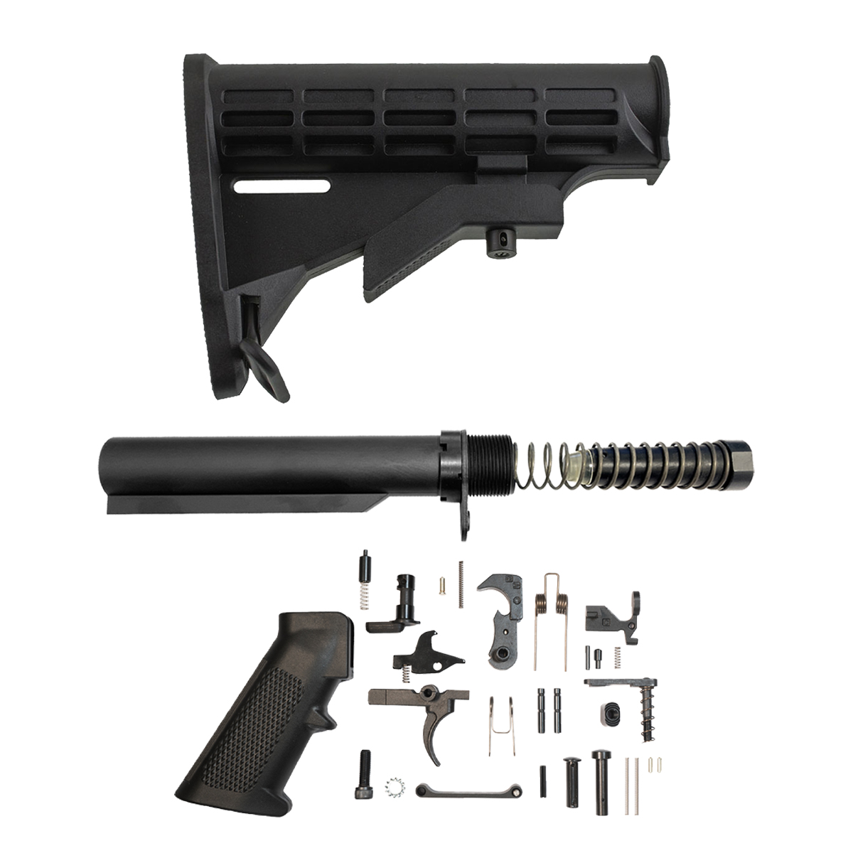 Black M4-Style Adjustable AR-15 9mm Carbine Stock & Lower Parts Kit with 6-Position Buffer Tube, 5.7 oz. Buffer, Recoil Spring, End Plate & Castle Nut