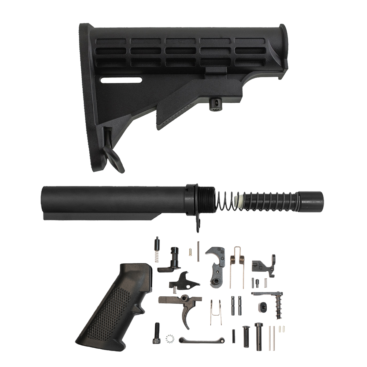 Black M4-Style Adjustable AR-15 PCC Stock & Lower Parts Kit with 6-Position Buffer Tube, 8 oz. 9mm/.45 ACP/10mm Buffer, Recoil Spring, End Plate & Castle Nut