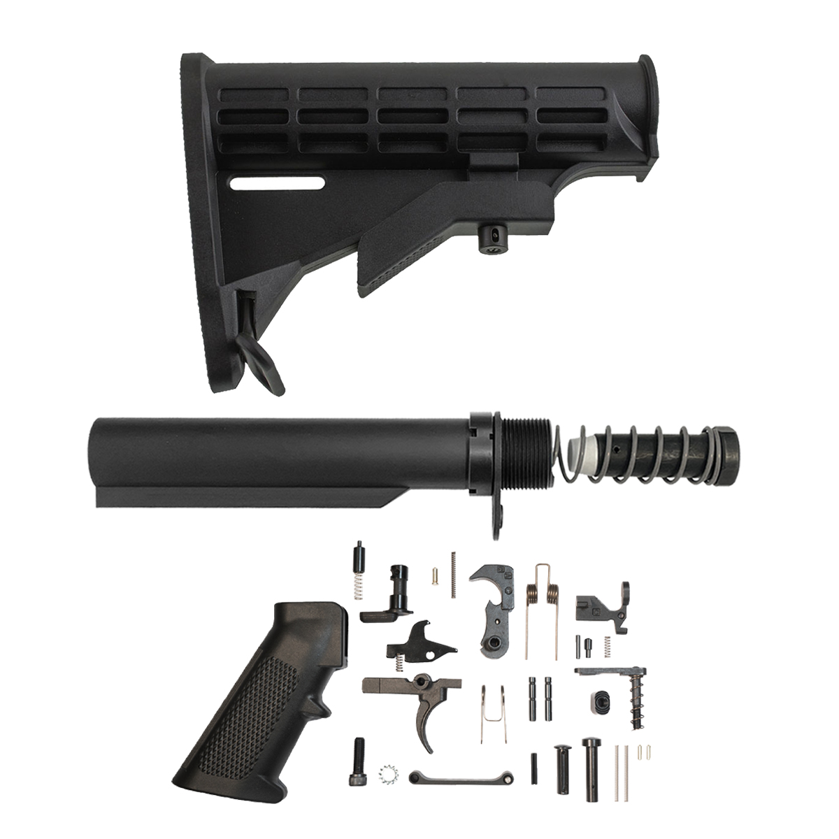 Black M4-Style Adjustable LR-308/AR-10 Carbine Stock & Lower Parts Kit with 6-Position Buffer Tube, 3.76 oz. Buffer, Extra Power Spring, End Plate & Castle Nut