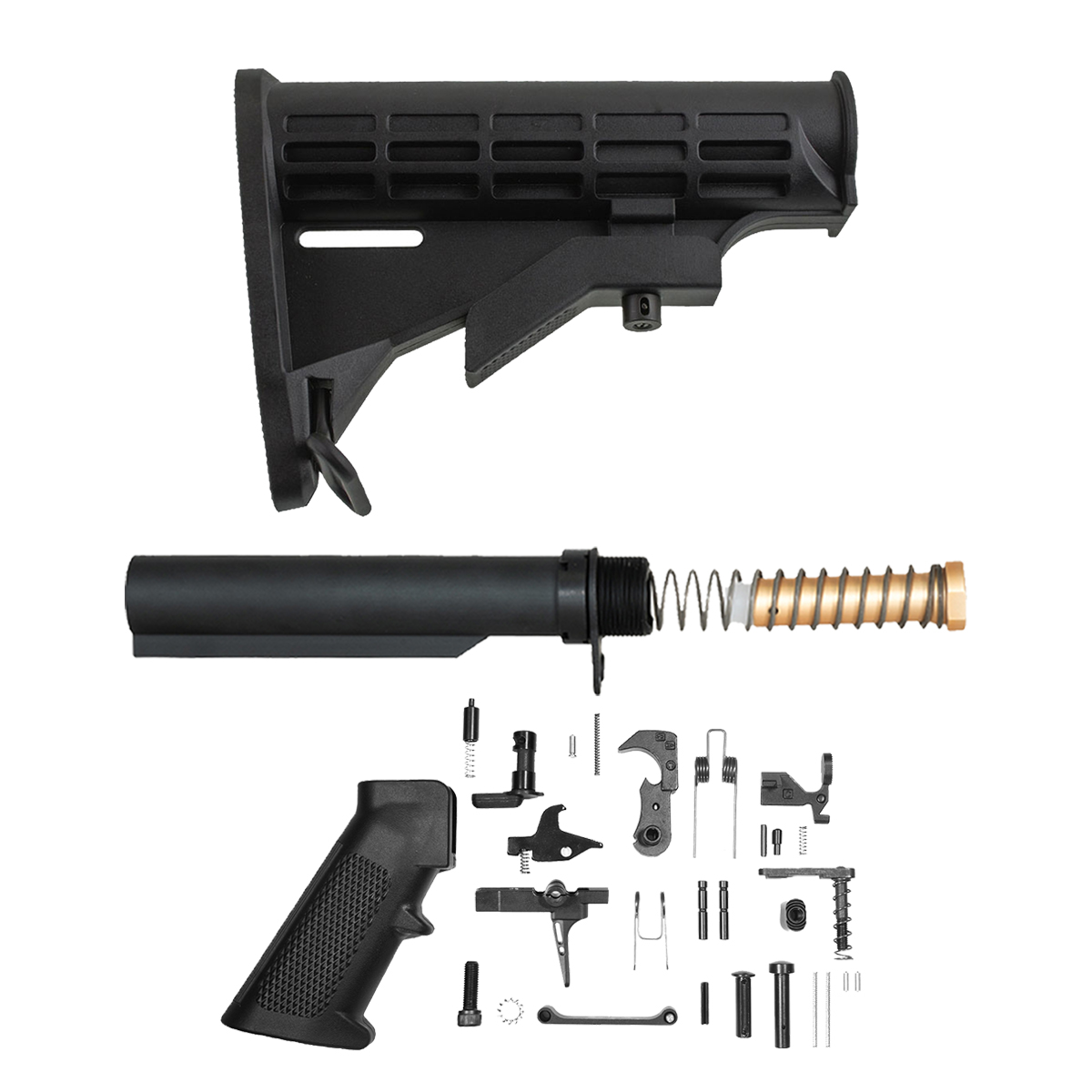 Black M4-Style Adjustable AR-15 Carbine Stock & Skeletonized Straight Trigger Lower Parts Kit with 6-Position Buffer Tube, 3 oz. Buffer, Recoil Spring, End Plate & Castle Nut