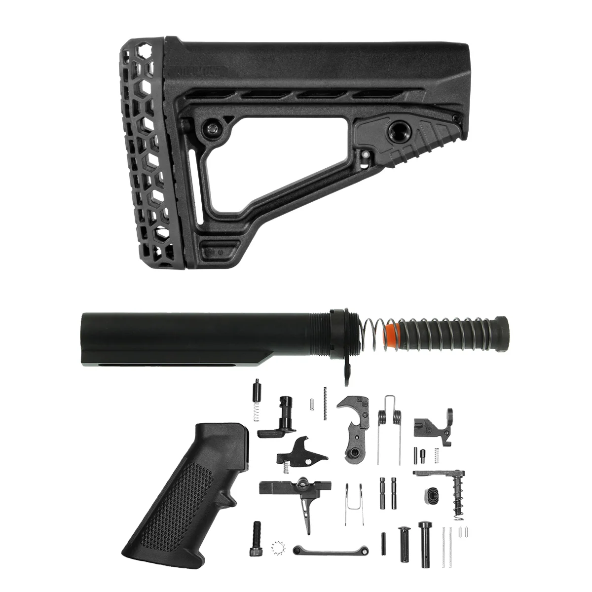 Adaptive Tactical ARKUS Adjustable Stock Kit with Mil-Spec 6-Position Buffer Tube, 9mm Carbine Buffer, Carbine Spring, End Plate, Castle Nut & Match Grade Gen 2 31-Piece LPK with 3.5 lb Skeletonized Straight Trigger
