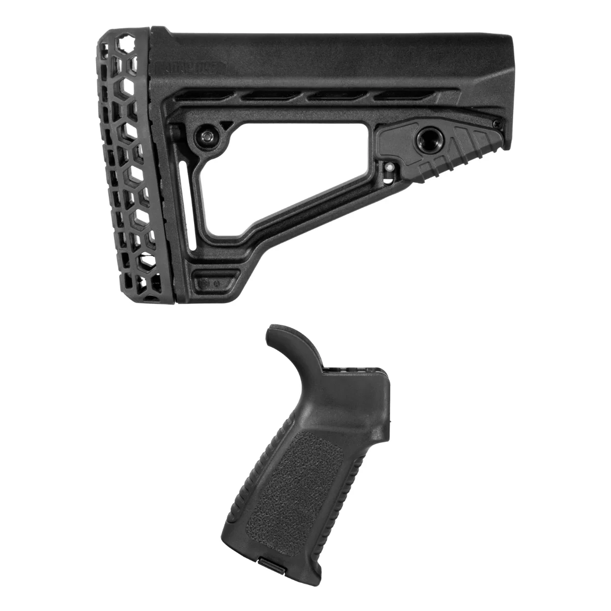 Adaptive Tactical ARKUS Adjustable Stock Bundle with Guntec TAP Tactical Assault Polymer Pistol Grip, Waterproof Battery Storage, Black