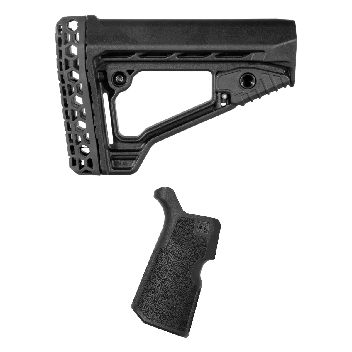 Adaptive Tactical ARKUS Adjustable Stock Bundle with Die Free Co DFCO Kung Fu AR-15 Pistol Grip, Black