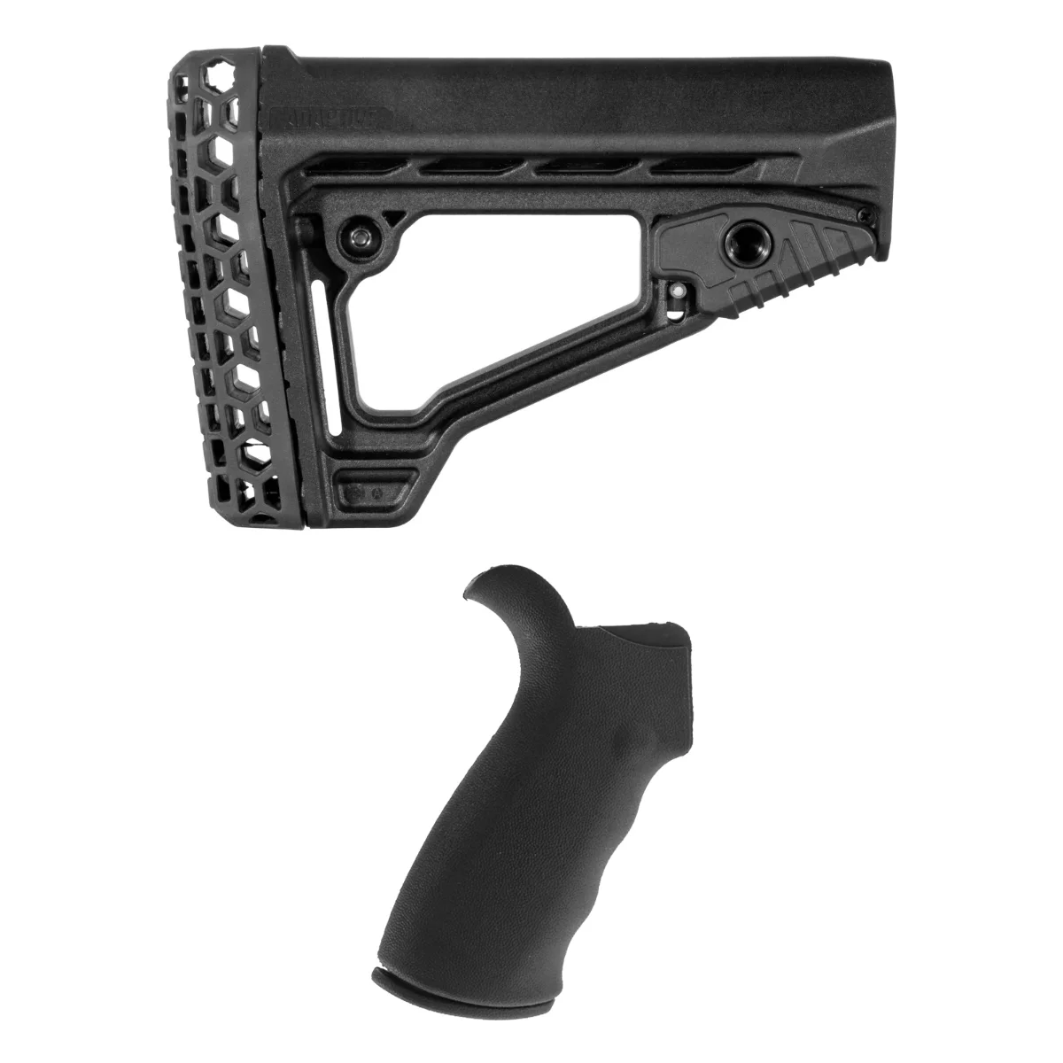 Adaptive Tactical ARKUS Adjustable Stock Bundle with AR-15 Rubberized Rear Beavertail Grip with Storage Compartment, Black