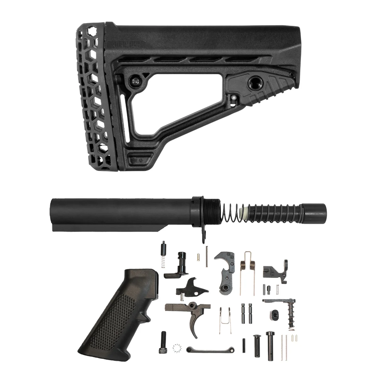 Adaptive Tactical ARKUS Adjustable Stock Bundle with 6-Position Buffer Tube, 8 oz. 9mm/.45 ACP/10mm Buffer, End Plate, Castle Nut, Carbine Spring, 31-Piece LPK & A2 Grip, Black