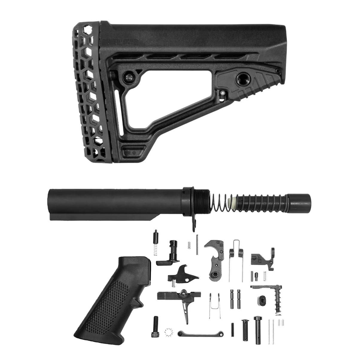 Adaptive Tactical ARKUS Adjustable Stock Bundle with 6-Position Buffer Tube, 8 oz. 9mm/.45 ACP/10mm Buffer, End Plate, Castle Nut, Carbine Spring, Match Grade 31-Piece LPK & A2 Grip, Black