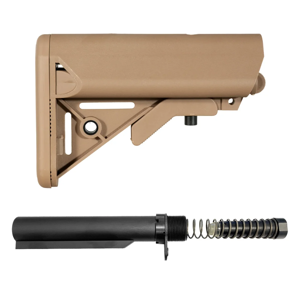 FDE SOPMOD-Style AR-15 9mm Carbine Stock Kit with 6-Position Buffer Tube, 5.7 oz. Buffer, Recoil Spring, End Plate & Castle Nut