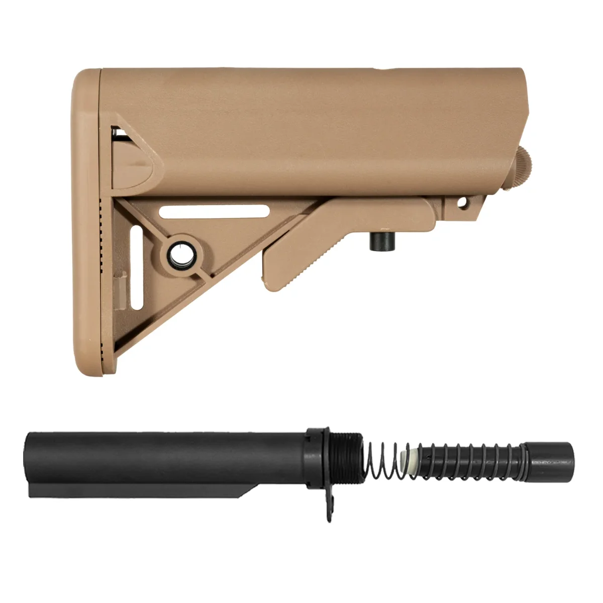 FDE SOPMOD-Style AR-15 PCC Carbine Stock Kit with 6-Position Buffer Tube, 8 oz. Long Buffer, Recoil Spring, End Plate & Castle Nut