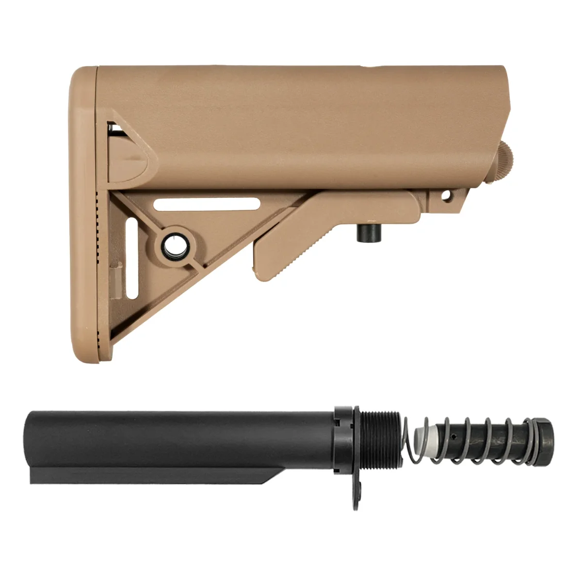 FDE SOPMOD-Style LR-308 / AR-10 Carbine Stock Kit with 6-Position Buffer Tube, 3.76 oz. Buffer, Extra Power Recoil Spring, End Plate & Castle Nut