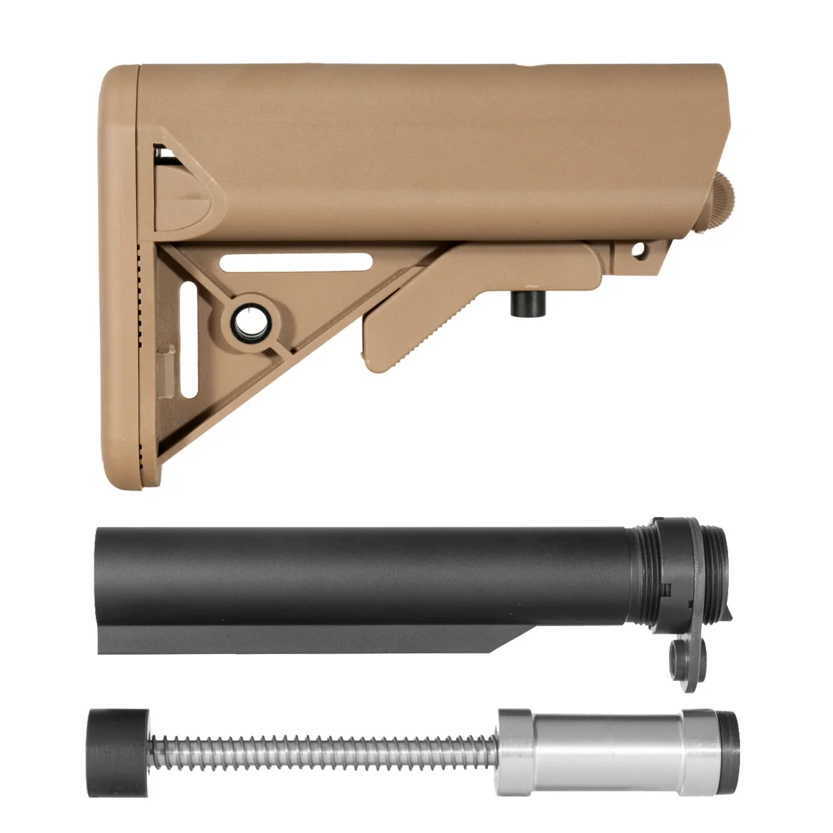 FDE SOPMOD-Style AR-15 Carbine Stock Kit with 6-Position Buffer Tube, Armaspec H3 Sound Mitigation Buffer, Ambidextrous QD End Plate & Castle Nut