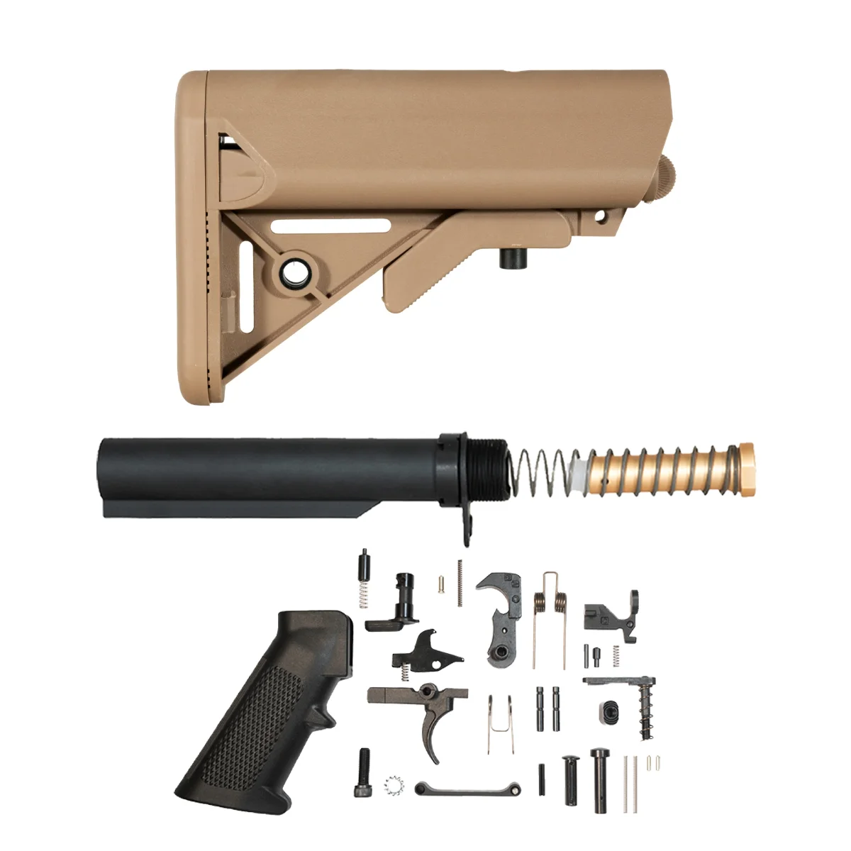 FDE SOPMOD-Style AR-15 Carbine Stock Kit with 6-Position Buffer Tube, 3 oz. Buffer, Recoil Spring, End Plate, Castle Nut & Complete Lower Parts Kit