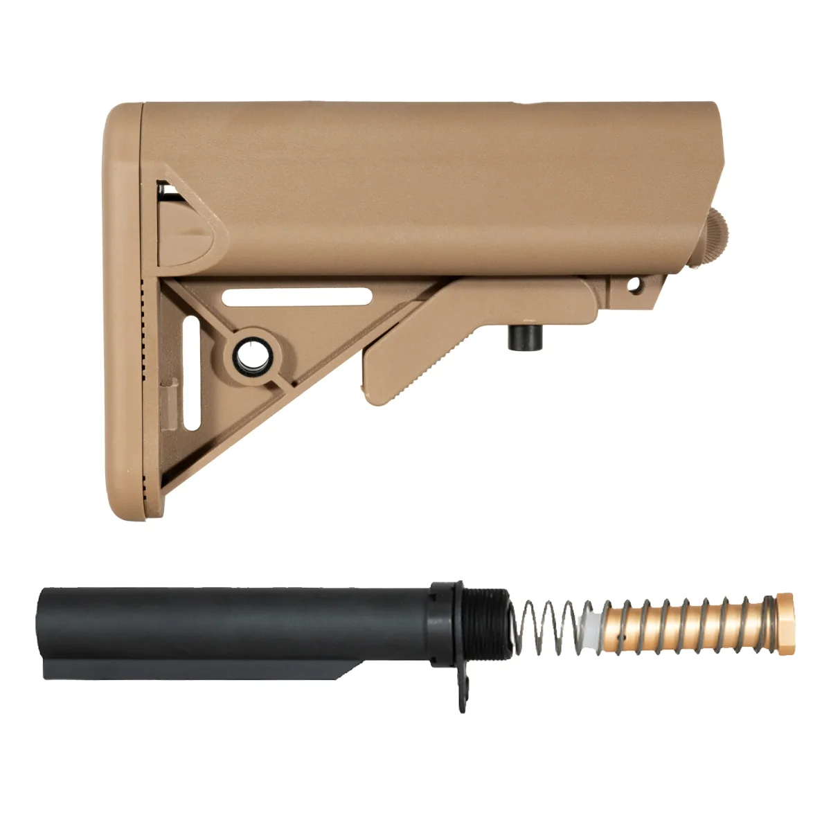 FDE SOPMOD-Style AR-15 Carbine Stock Kit with Dry Film Buffer Tube, 3 oz. Buffer, Recoil Spring & Mil-Spec End Plate