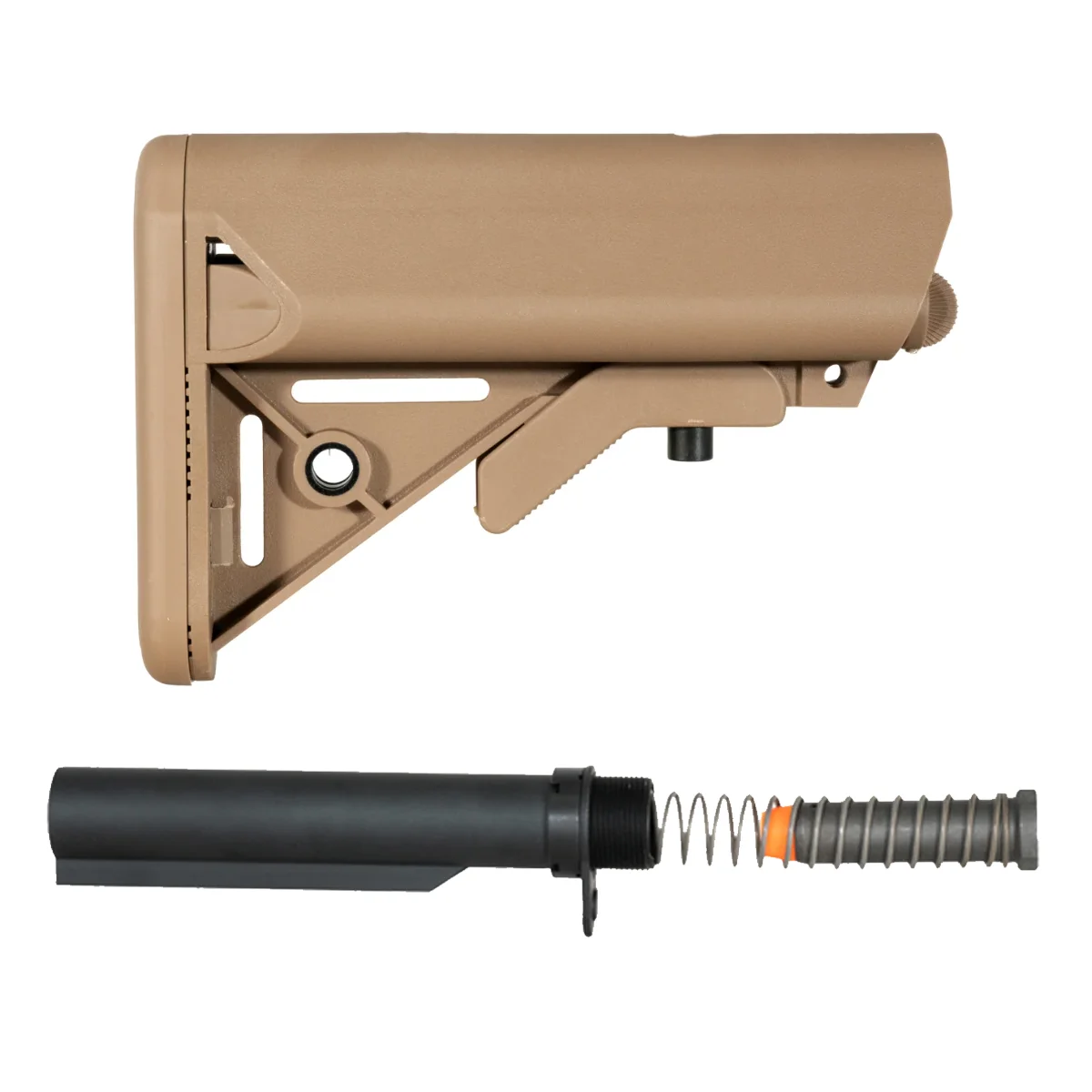 FDE SOPMOD-Style AR-15 Carbine Stock Kit with Dry Film Buffer Tube, 9mm Carbine Buffer, Recoil Spring & Mil-Spec End Plate