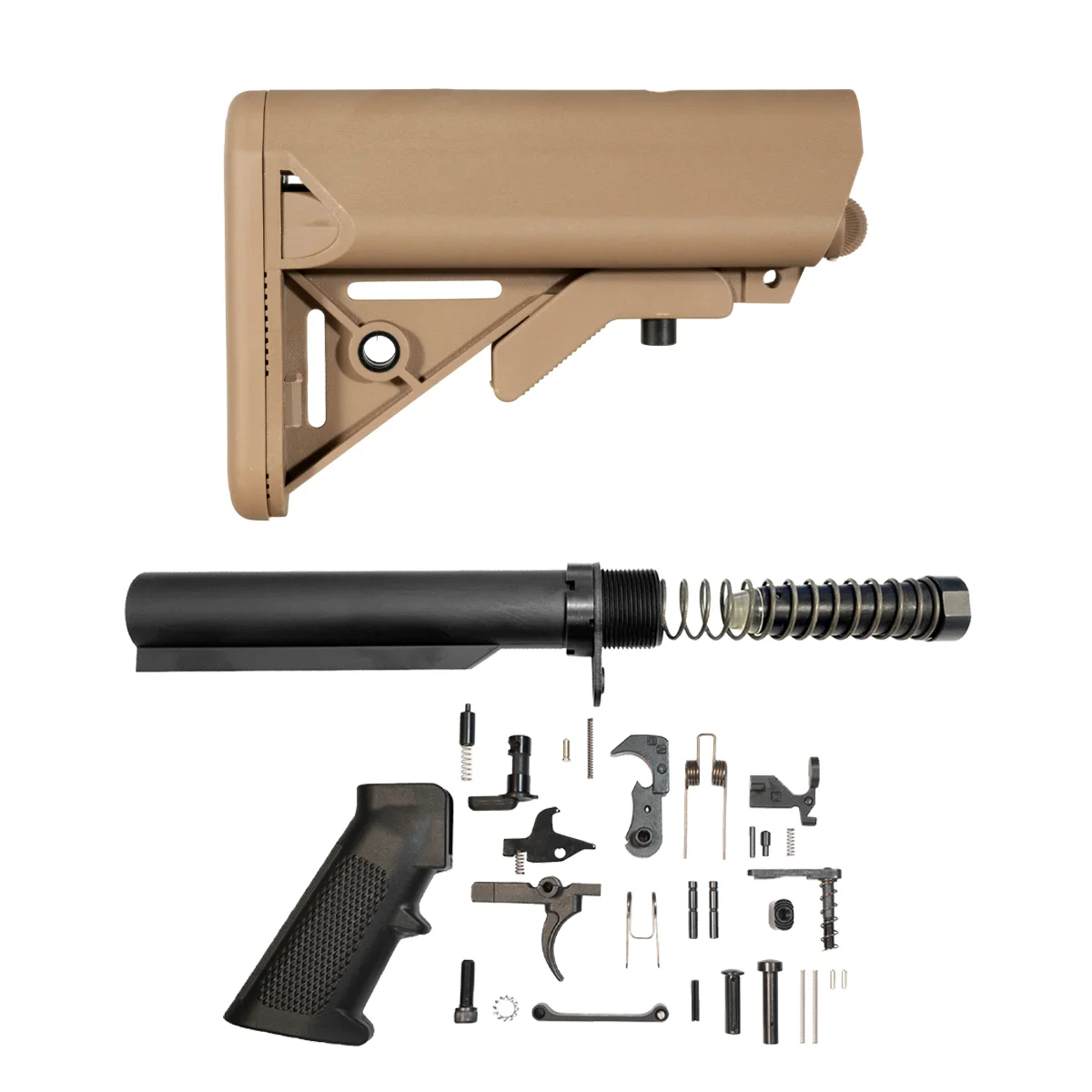 FDE SOPMOD-Style AR-15 9mm Carbine Stock Kit with 6-Position Buffer Tube, 5.7 oz. Buffer, Recoil Spring, End Plate, Castle Nut & Complete Lower Parts Kit