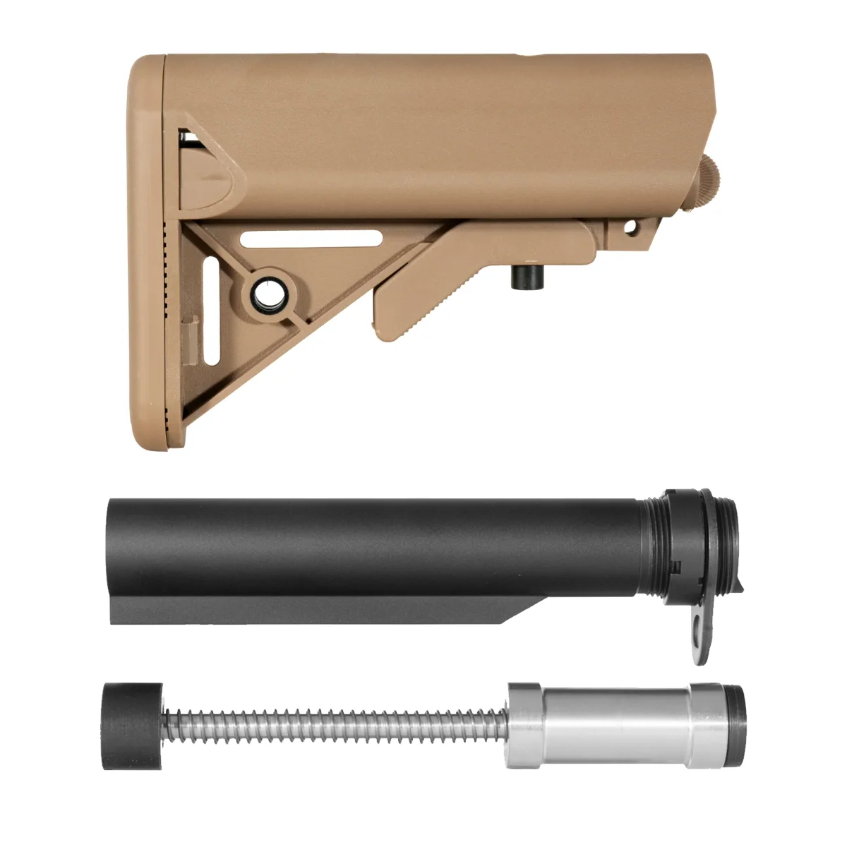 FDE SOPMOD-Style AR-15 Carbine Stock Kit with Dry Film Buffer Tube, Armaspec H3 Sound Mitigation Buffer & Mil-Spec End Plate