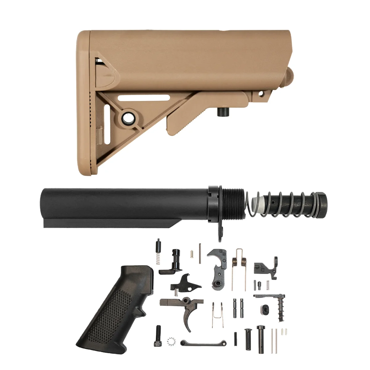 FDE SOPMOD-Style LR-308 Carbine Stock Kit with 6-Position Buffer Tube, 3.76 oz. Buffer, Extra Power Spring, End Plate, Castle Nut & AR-10 Lower Parts Kit