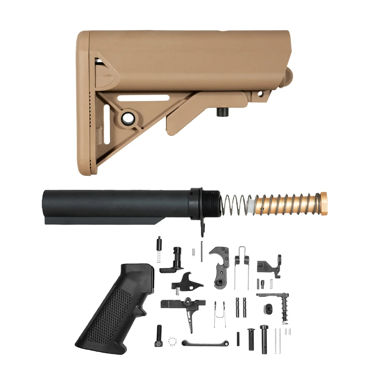 FDE SOPMOD-Style AR-15 Carbine Stock Kit with 6-Position Buffer Tube, 3 oz. Buffer, Recoil Spring & Skeletonized Straight Trigger Shoe 3.5 lb Lower Parts Kit