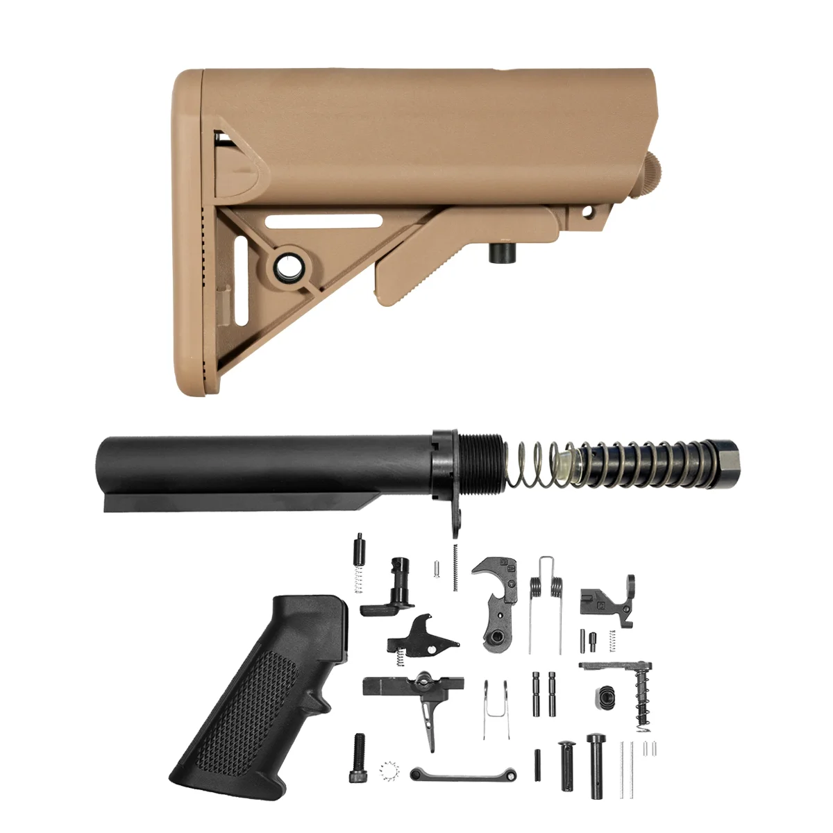 FDE SOPMOD-Style AR-15 9mm Carbine Stock Kit with 6-Position Buffer Tube, 5.7 oz. Buffer, Recoil Spring, End Plate, Castle Nut & Skeletonized Straight Trigger Shoe 3.5 lb Lower Parts Kit