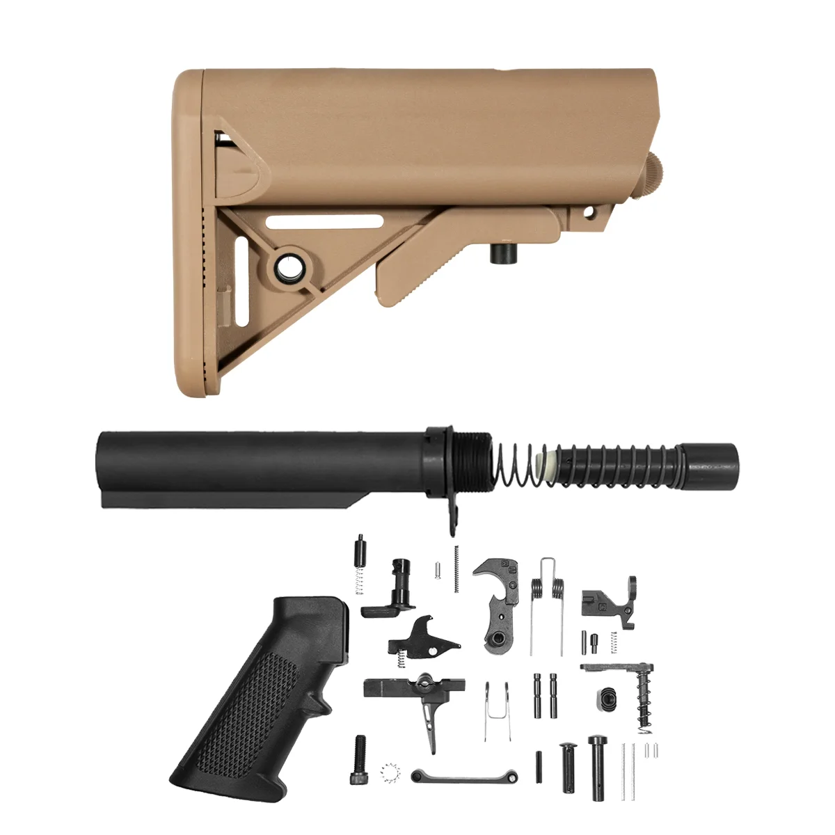 FDE SOPMOD-Style AR-15 PCC Stock & Lower Parts Kit with 6-Position Buffer Tube, 8 oz. Buffer, Recoil Spring, End Plate, Castle Nut & Skeletonized Straight Trigger Shoe 3.5 lb Trigger