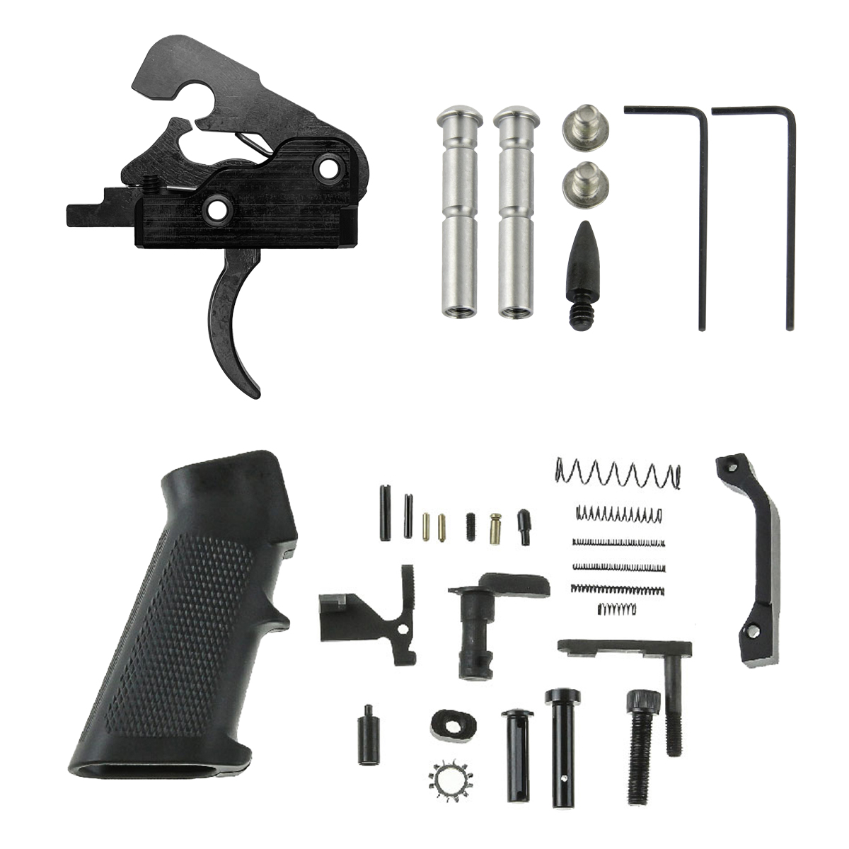 Trigger Upgrade Kit: Uintah 3 lb Drop In Ultra Match Trigger + AR-15 Lite Lower Parts Kit + Stainless Steel Anti-Walk Pin Set