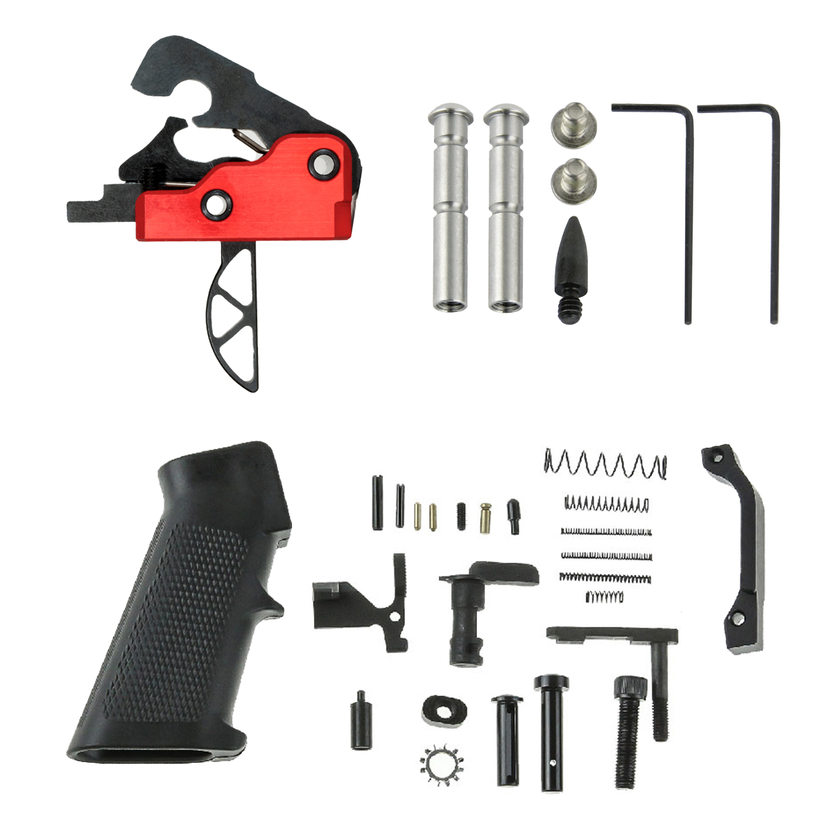 Trigger Upgrade Kit: 3 lb Drop In Ultra Match Skeletonized Trigger + AR-15 Lite Lower Parts Kit + Stainless Steel Anti-Walk Pin Set