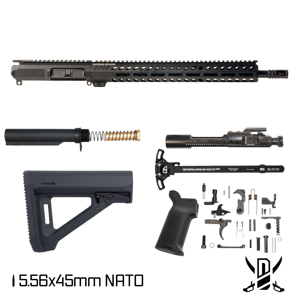 Davidson Defense CUTLASS AR-15 Full Builders Kit 5.56x45mm 16-inch Mid-Gas, Freefloat M-LOK Handguard, Warhammer MICRO Ambi Charging Handle