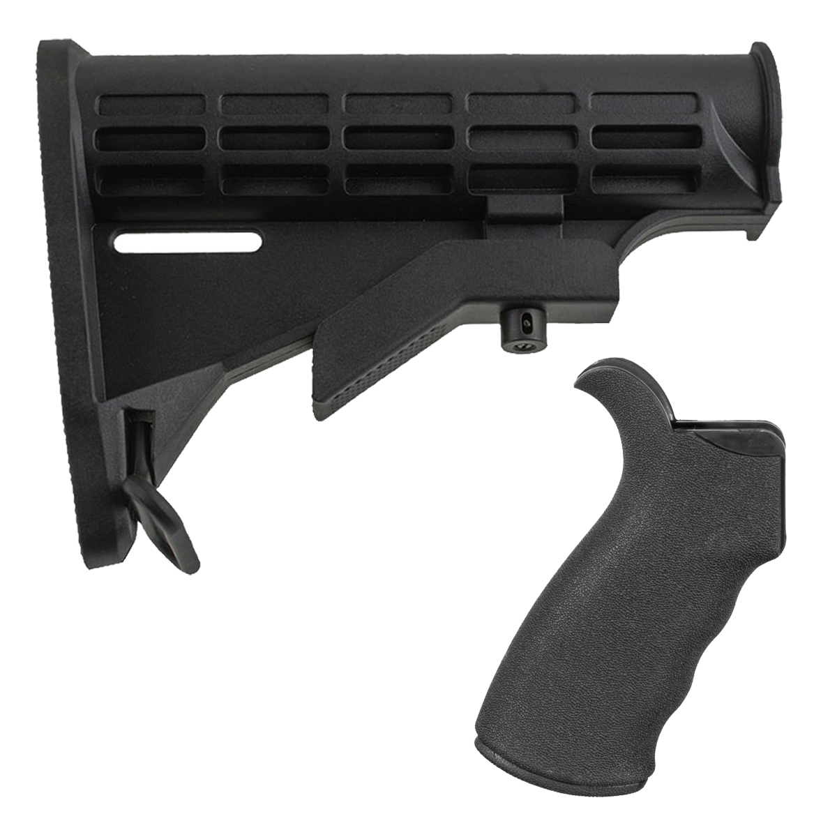 Black M4-Style AR-15 Furniture Bundle with 6-Position Adjustable Carbine Stock & Rubberized Rear Beavertail Pistol Grip