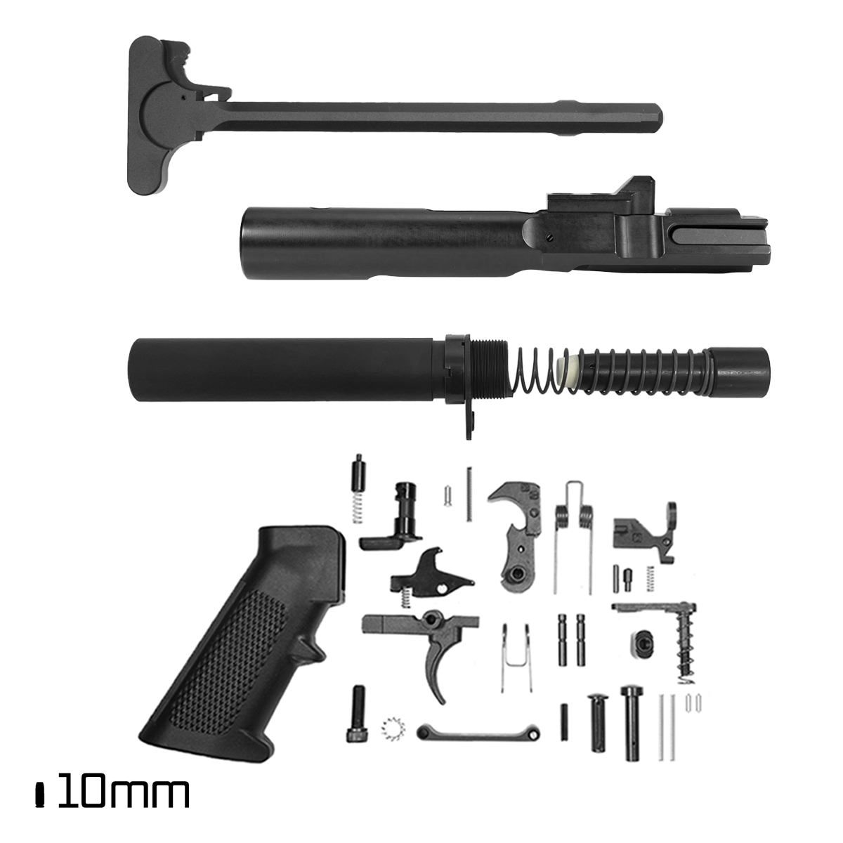 Finish Your Build Kit (10mm Carbine): 8 oz Carbine Buffer Tube Kit + Complete Lower Parts Kit + 10mm Bolt Carrier Group & Charging Handle