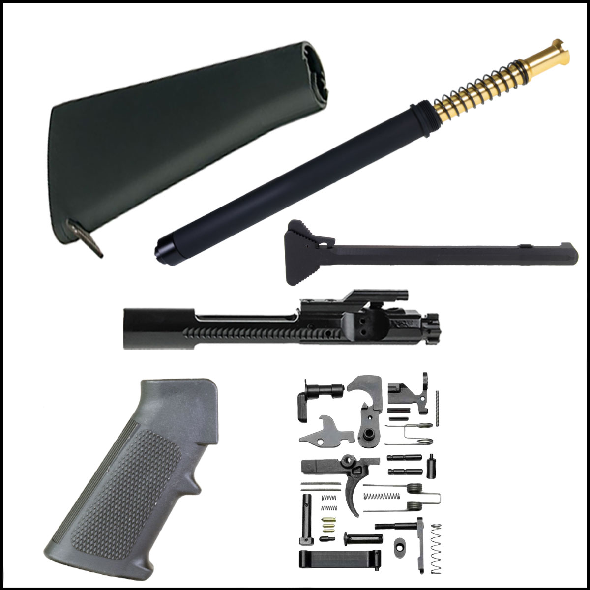Finish Your Build Kit: Omega Mfg. A2 Style AR Fixed Stock + JE Machine A2 Rifle Buffer Kit  + Recoil Technologies AR-15 Lower Parts Kit w/ Omega Mfg. A2 Pistol Grip + Luth-AR A1 Retro Charging Handle + Recoil Tech. 5.56 Bolt Carrier Group