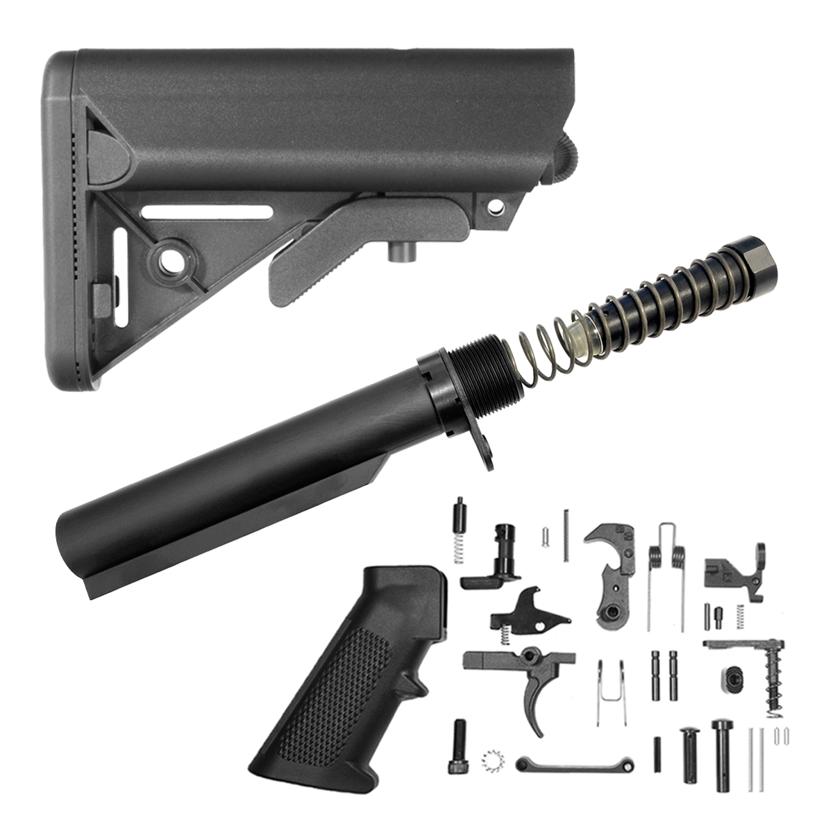 Finish Your Lower Kit (9mm Carbine): SOPMOD Style Collapsible Stock + 9mm Carbine Buffer Tube Kit + Complete Lower Parts Kit