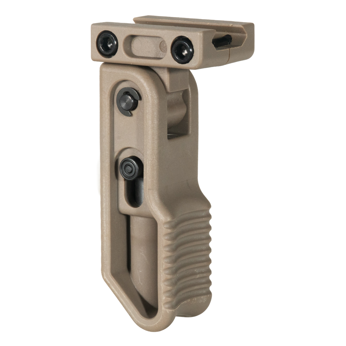 90 Degree Adjustable Folding Vertical Foregrip, Quick-Deploy Folding Design, Picatinny Rail Mount, Reinforced Polymer Construction, Flat Dark Earth (FDE)