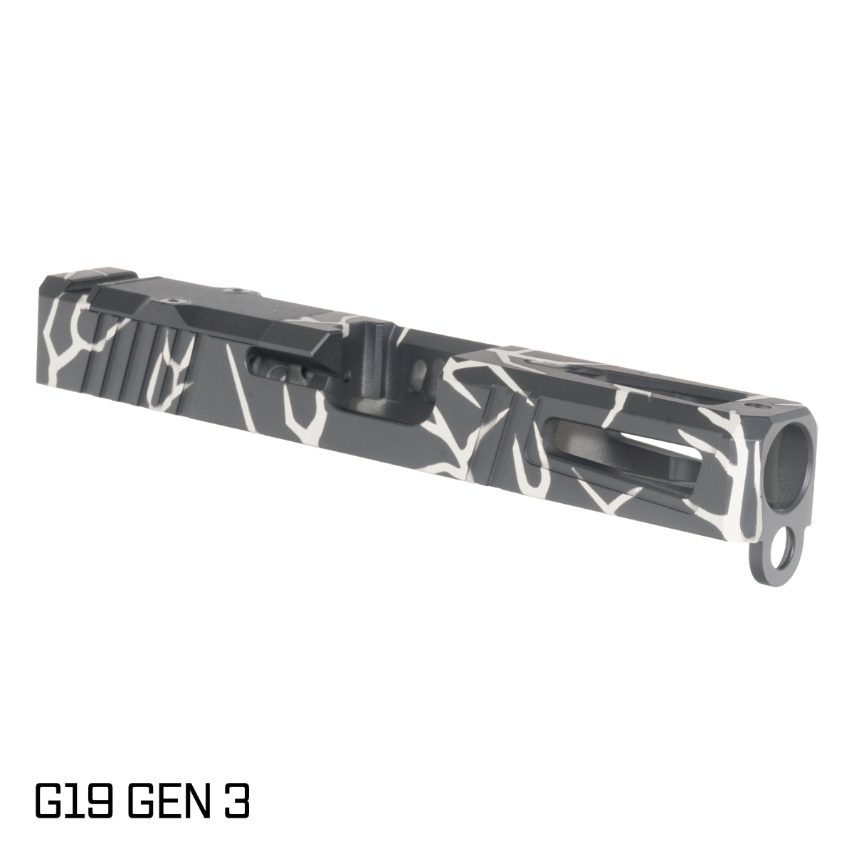 Stiffler MFG G19 Compatible Viper Slide, Stainless Lightning (Shimmer and Black) Cerakote, RMR Cut with Aluminum Plate Cover