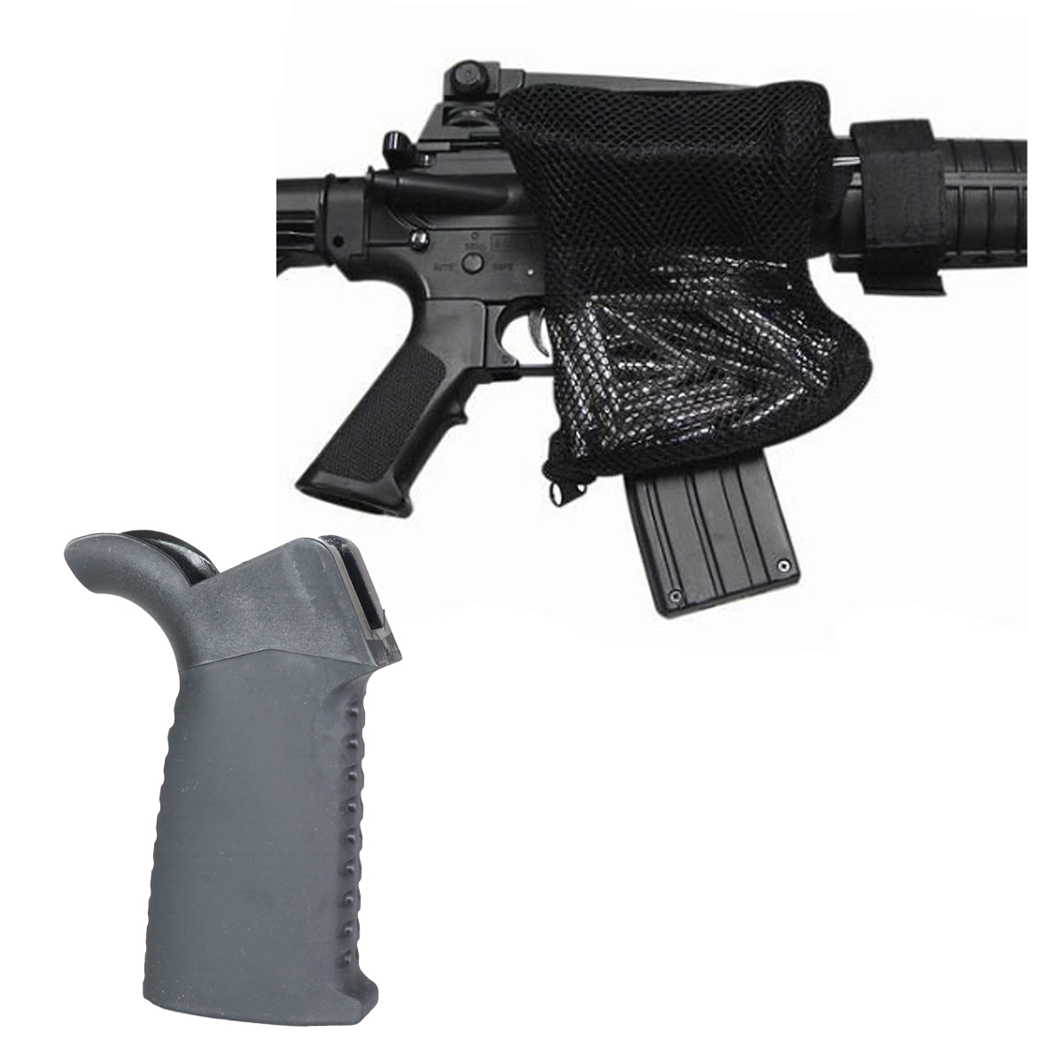 Odd Ball Combo's: JE machine Brass Shell Catcher for .223/5.56 Mesh Bottom Zipper Closure  + Team Accessories Corp AR15 Grip Window Grip Flared  Smooth/Ribbed Black