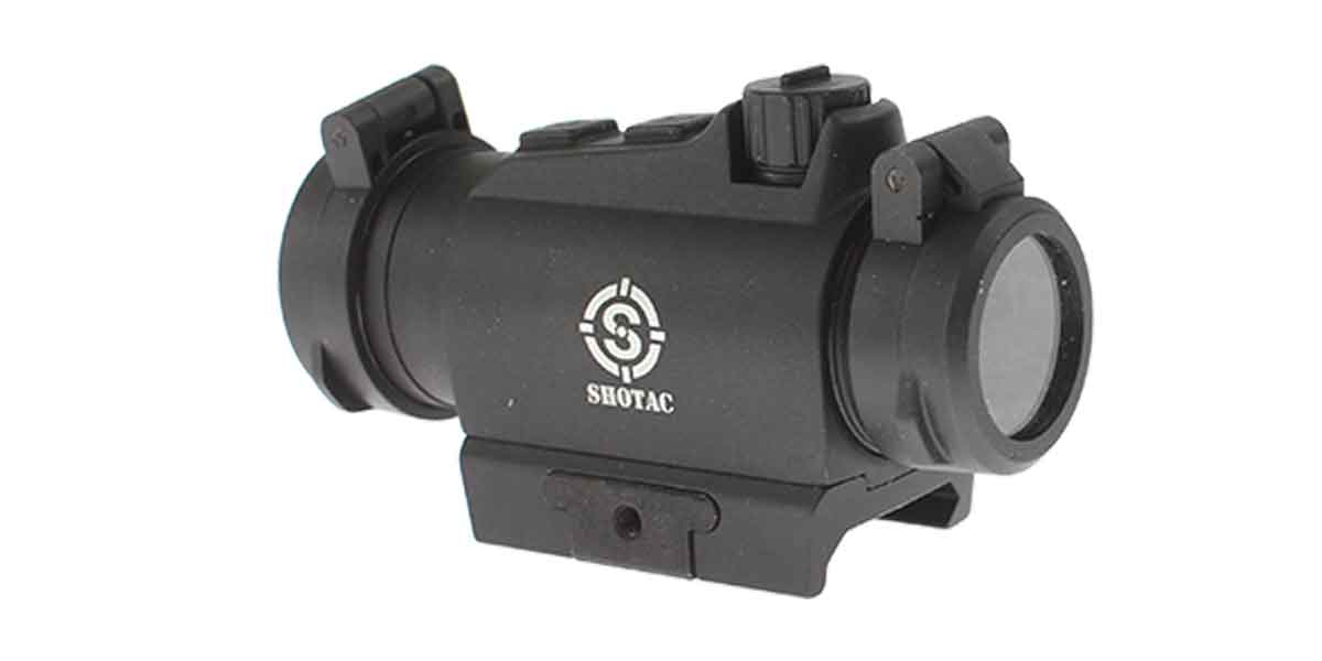 SHOTAC 20MM Objective Lens Micro Red Dot Sight w/ Low Profile 1913 Rail Mount, 2 MOA Dot, Clear Flip Up Lens Covers, CR2032 Battery (included), Rubberized Push Button Brightness Adjustment, Black Finish