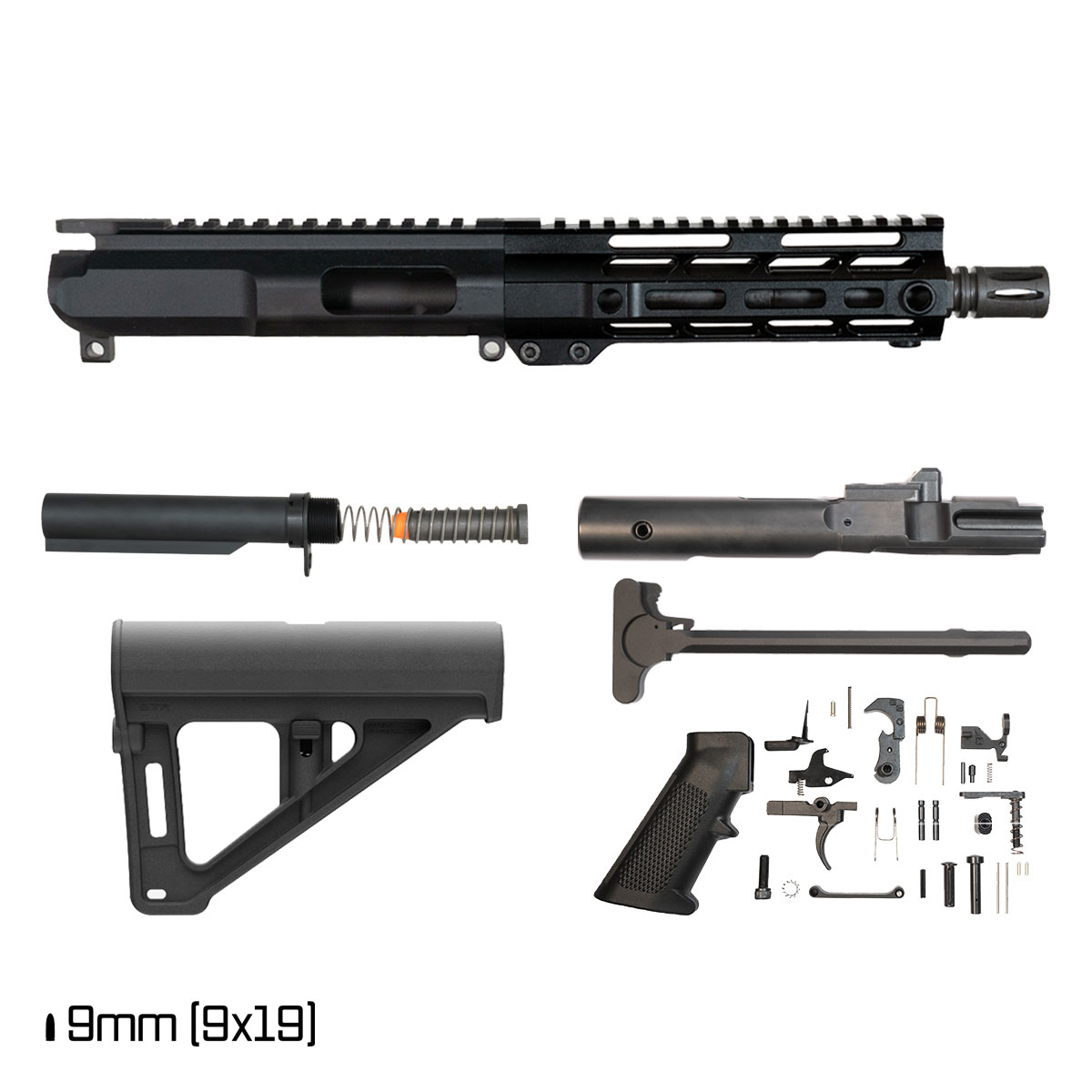 Davidson Defense IX w/Magpul BTR Brace 7.5-inch Carbine-Gas 1:10 9MM AR-9 Freefloat M-Lok Handguard Pistol Upper Receiver Full Build Kit